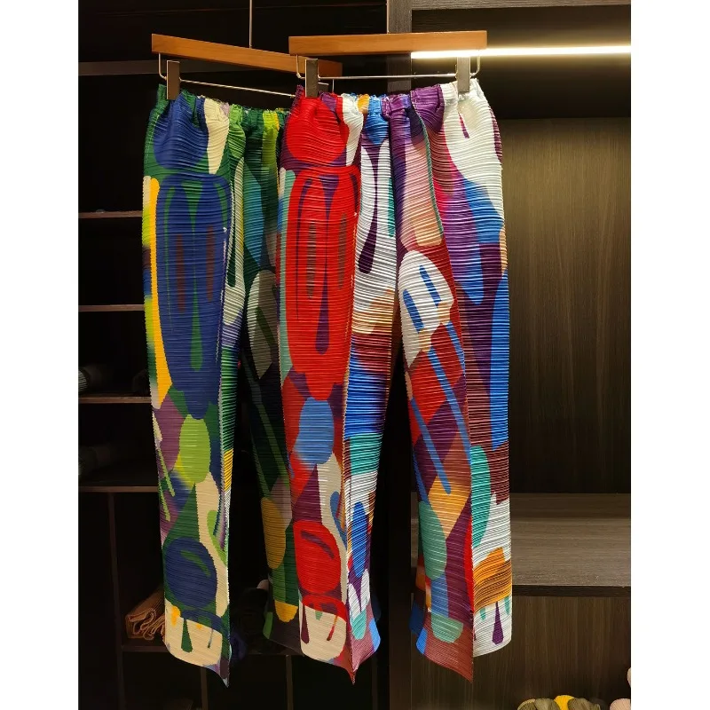 Miyake Pleated Pants 2026 Summer Color-Block Irregular Print Pleat Casual Trousers Simple Loose Slimming Nine-Point Pants Women