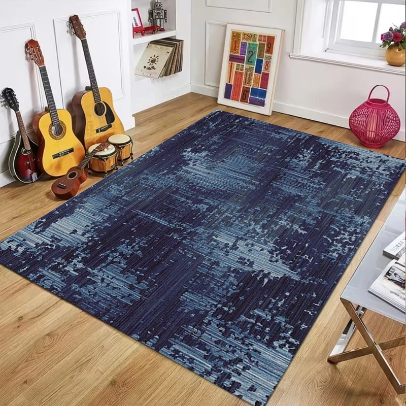 Navy blue geometric rug in a modern living room setting