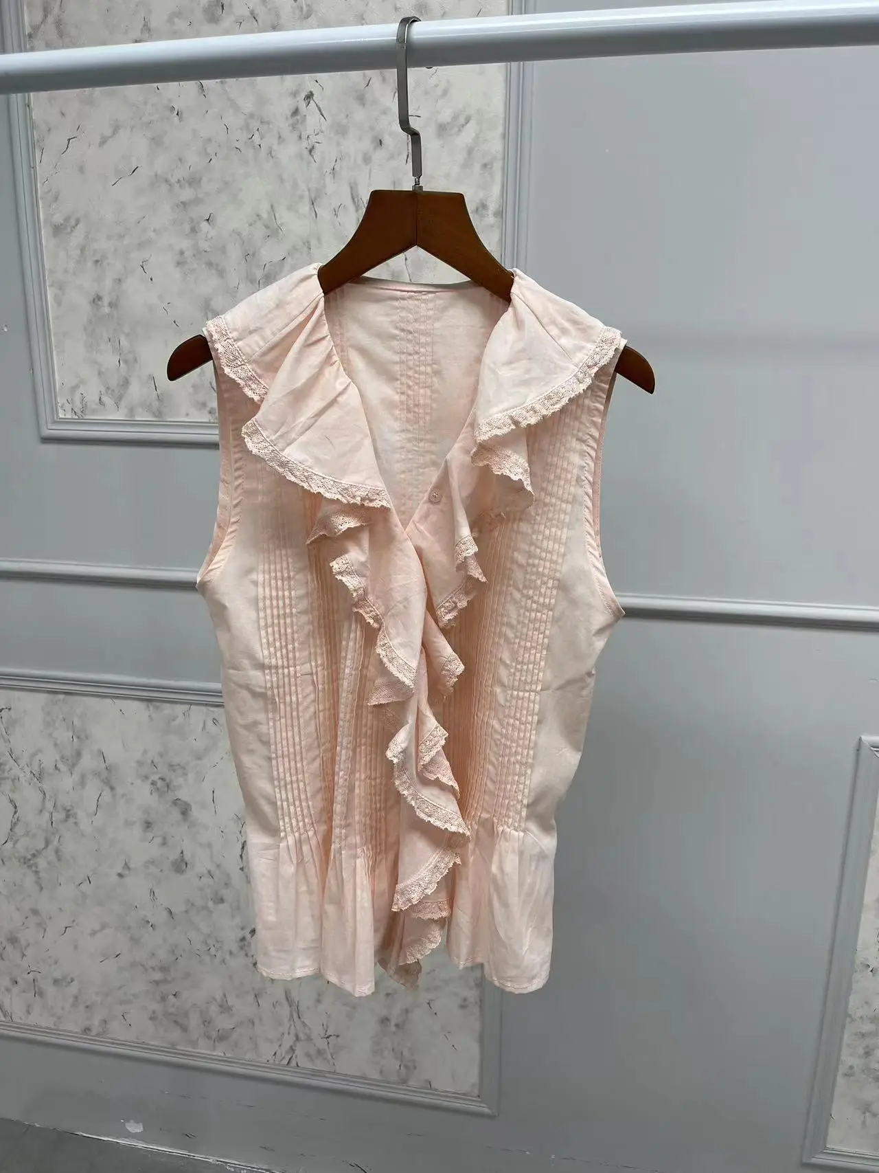 Pink Women 100% Cotton Blouse or Tank Tops 2024 New Embroidery Long Sleeve Lace-Up Shirt Lace Ruffles Sleeveless Pleated Vest