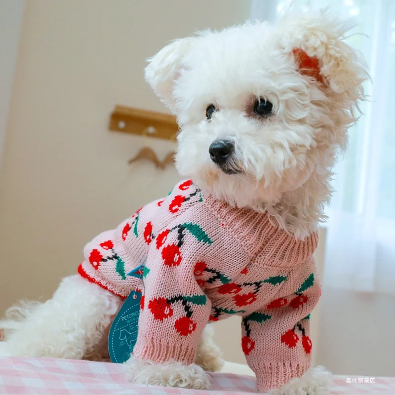 1PC Pet Clothing Cat Autumn Winter Thickened Warm Pink Cherry Elastic Pullover Knitted Sweater Suitable for Small and Medium Dog