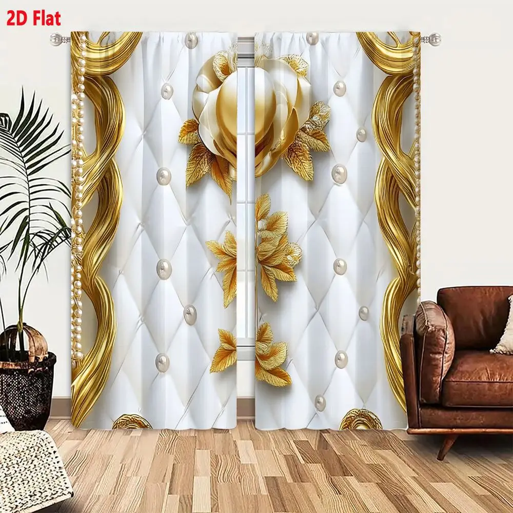 2Pcs Curtains 2D Flat Luxurious White Diamond Tufted Wall With Gold Floral Motif And Pearl Details Window Drapes for Bedroom Roo