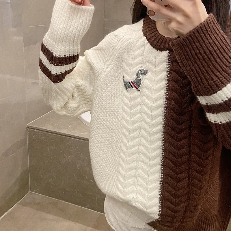 Fashion Brand Versatile Loose Wool Knit Casual Women's Sweater Color Patchwork Puppy Design Stripes Elegant O-collar Pullover