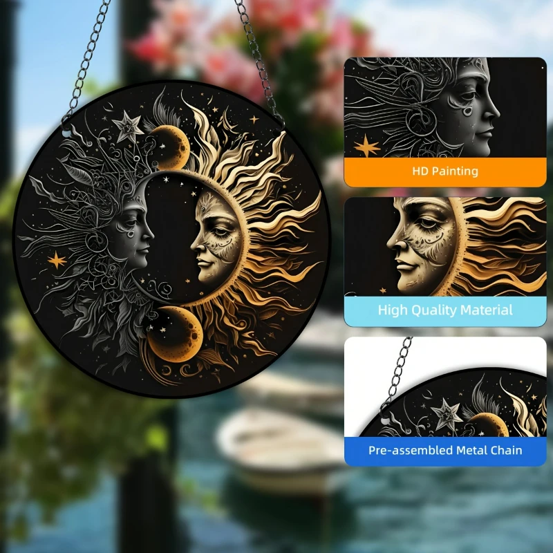 Sun and Moon Acrylic Decoration with Metal Chain Stain Plastic Wall Art Decor Yard Craft Christmas Decor Stained Suncatcher