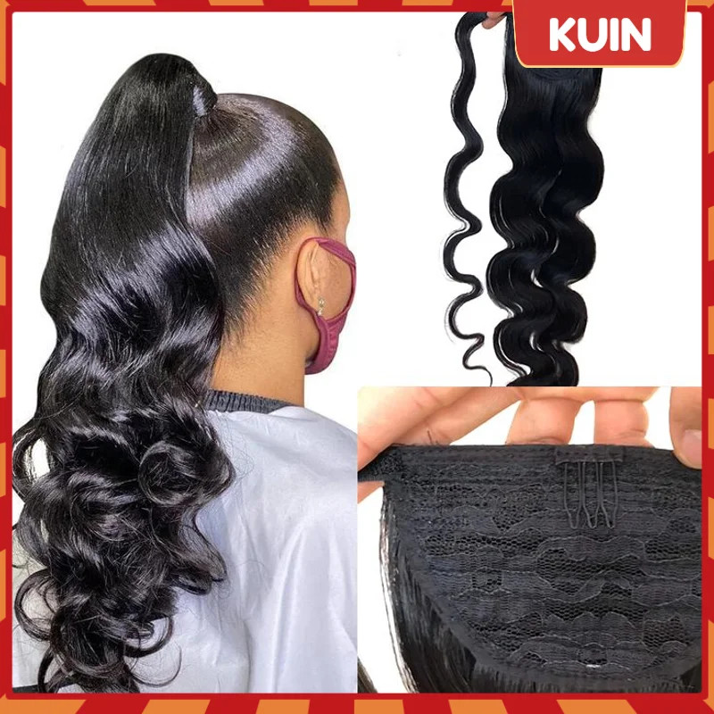 Long Ponytail Drawstring extensões de cabelo humano para mulheres, envolto em torno de cavalinha, onda natural do corpo, grampos Remy