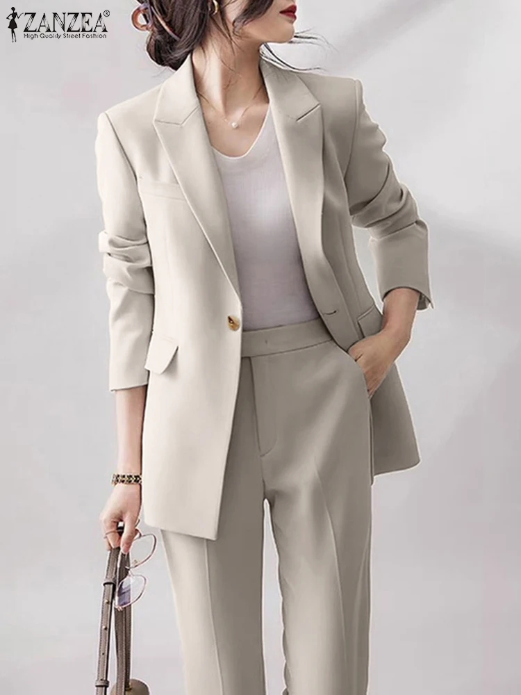 2PCS ZANZEA Elegant Women Autumn Fashion Lapel Neck Long Sleeve Blazer Suits Outifits Office OL Work Pants Sets Tracksuit