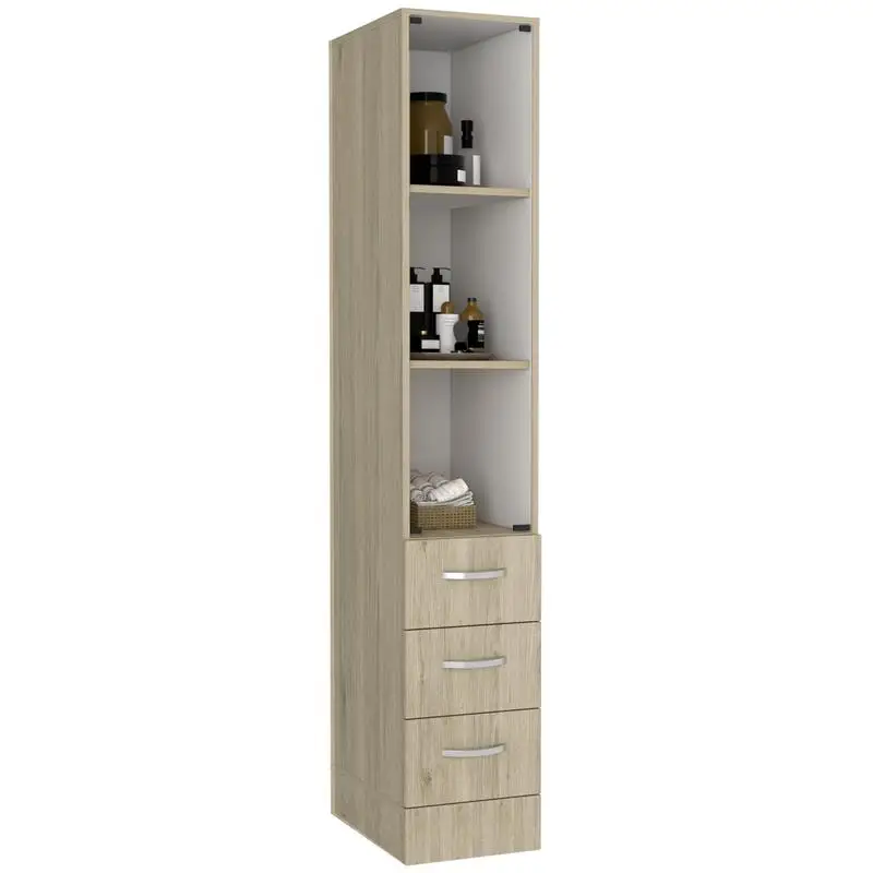 

Linen Cabinet with 3 Shelves and 4 Drawers, Light Pine and White Finish, Ideal Storage Solution for Any Room