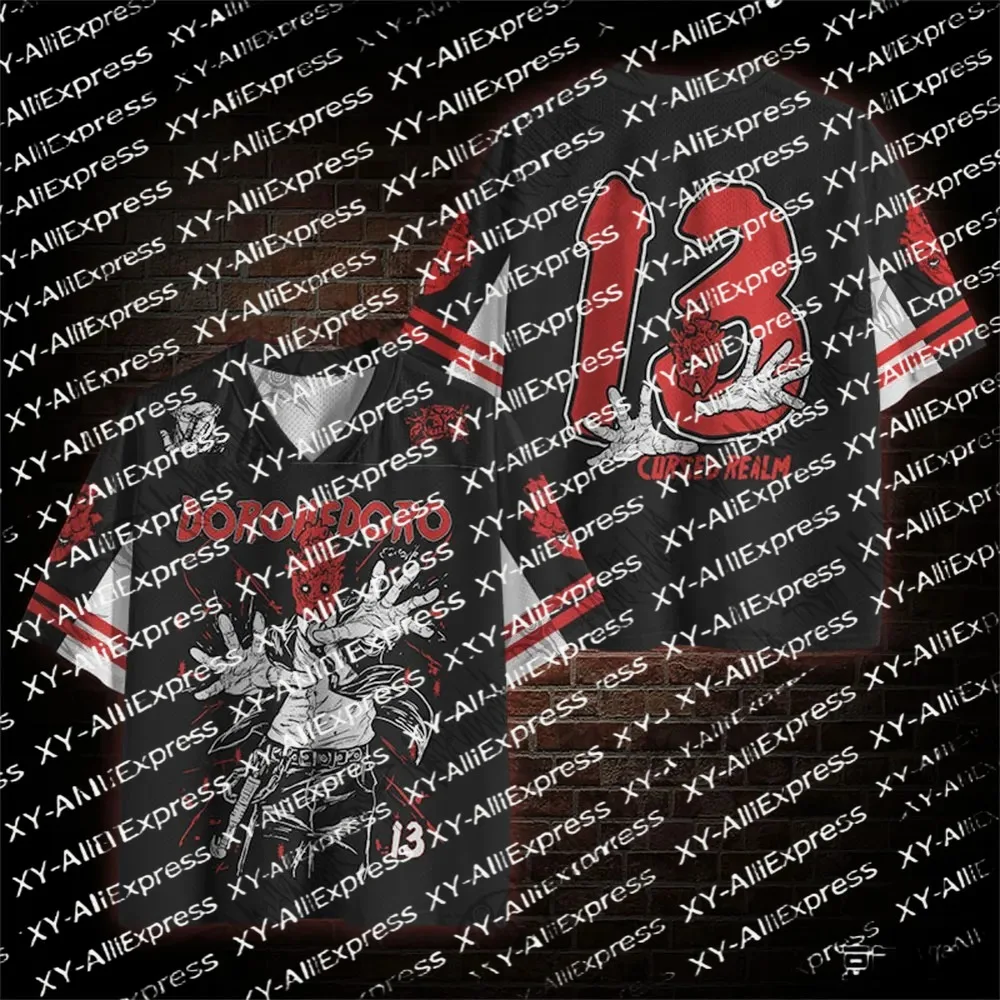 Edgy Punk V-Neck Mesh Jersey for Men, Grunge Monster Character Print, Casual Sporty Top for Street Party & Urban Look