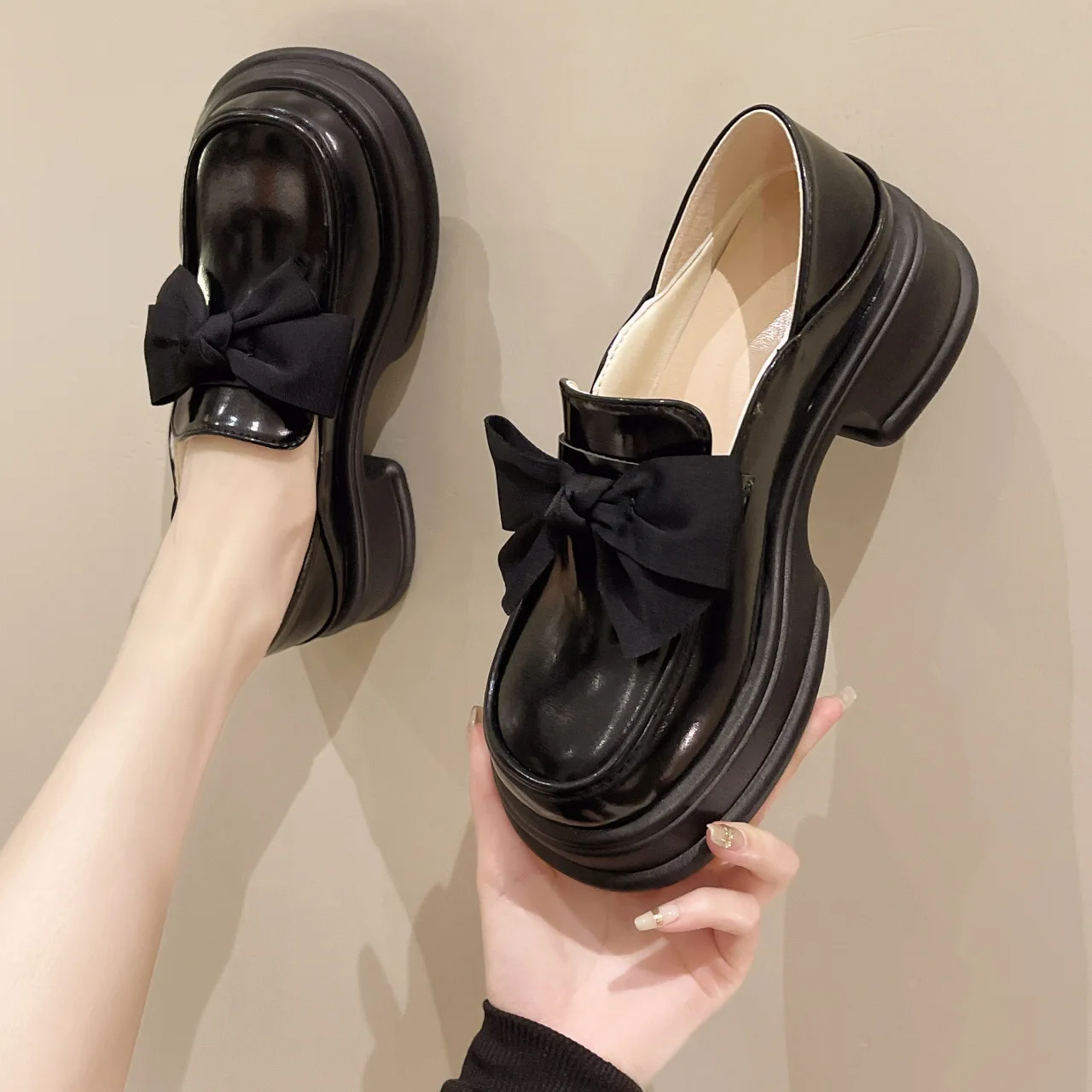 New Mary Jane Small Leather Shoes Fashion Platform Uniform JK Two Wear Women's Singles Shoes Bow Vintage Muffin Shoes