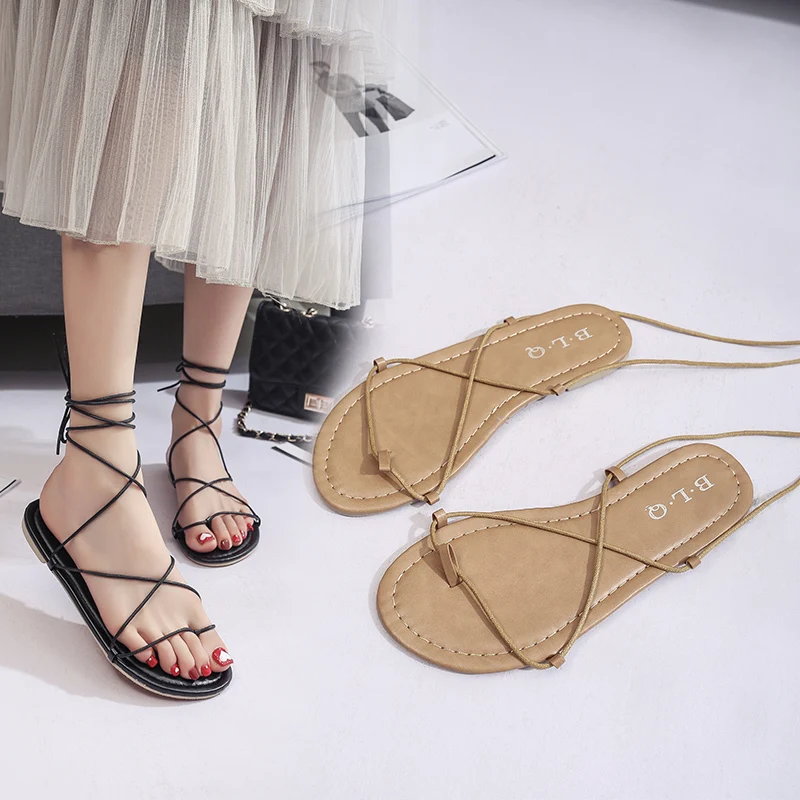 Flat strap sandals, 2026 women's summer new cross single-line sandals, fashionable casual beach women's shoes platform shoes