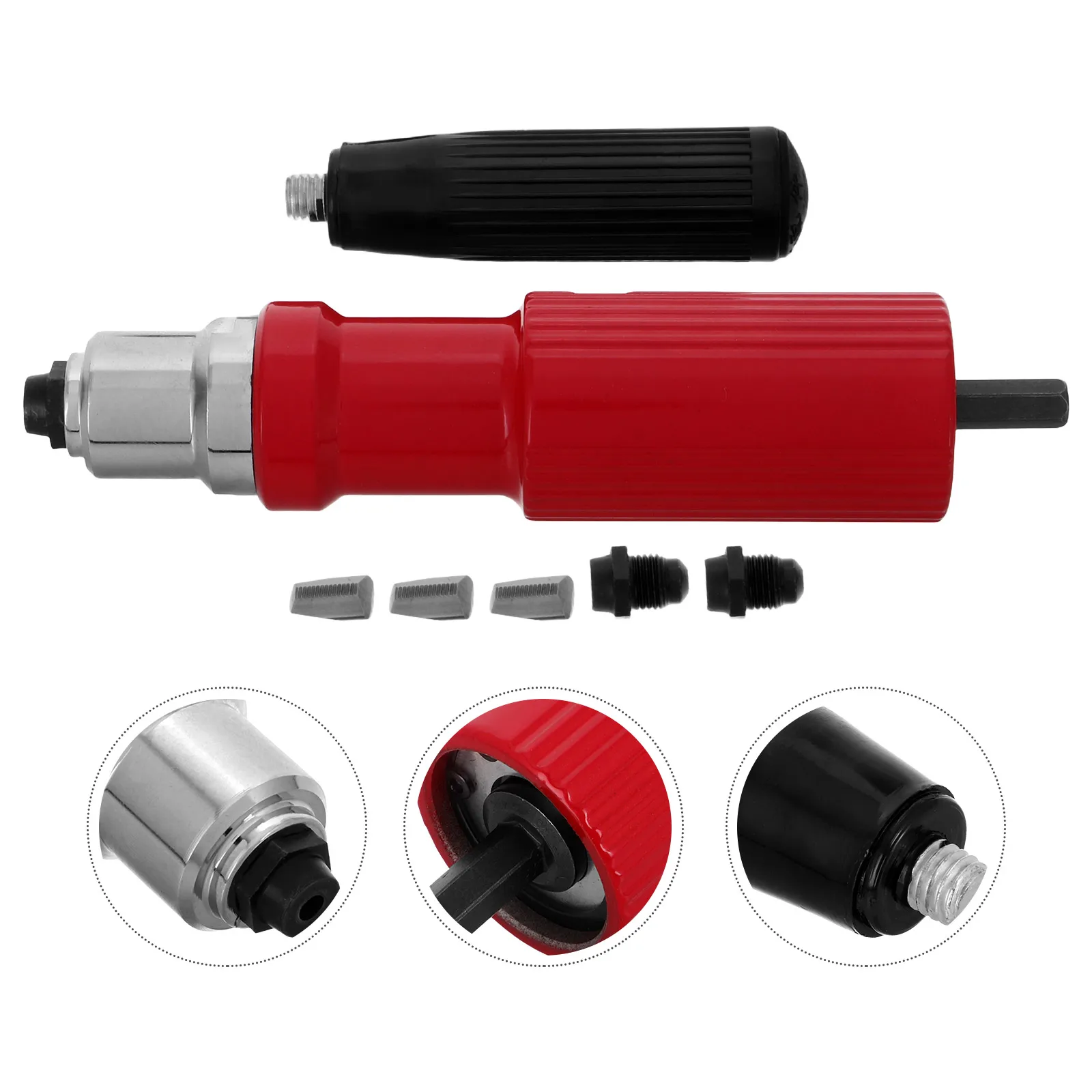 Adattatore per pistola per rivetti Attacco per trapano Design per supporto per chiodi da 360 gradi Rivettatura efficiente Struttura in tre pezzi liscia senza sbavature Lunga