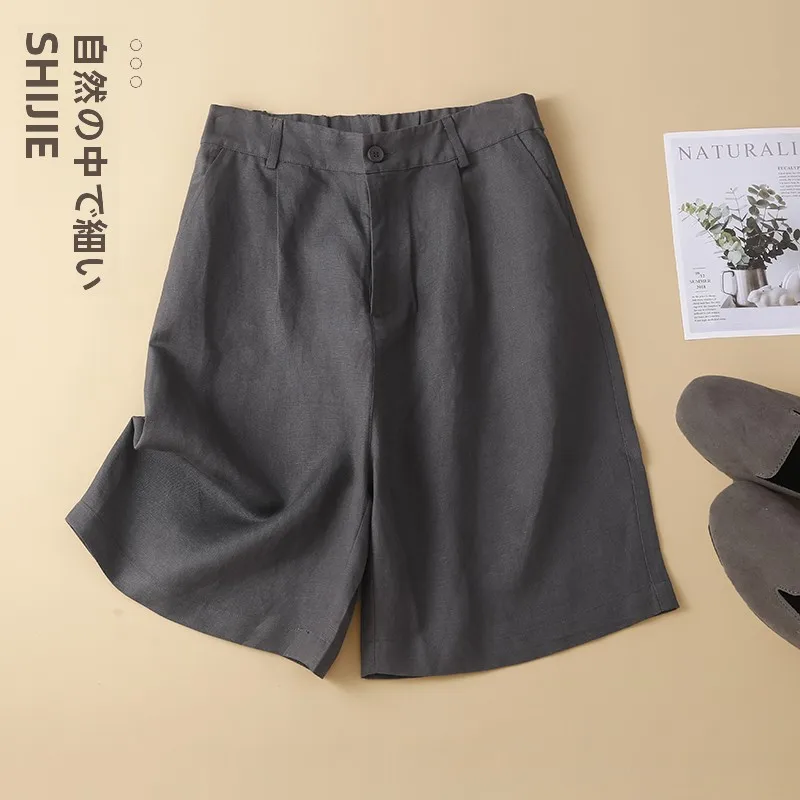 High Waist A-Line Linen Wide Leg Pants Five-Quarter Length Cotton-Linen Suit Shorts Women's Summer Casual Trousers