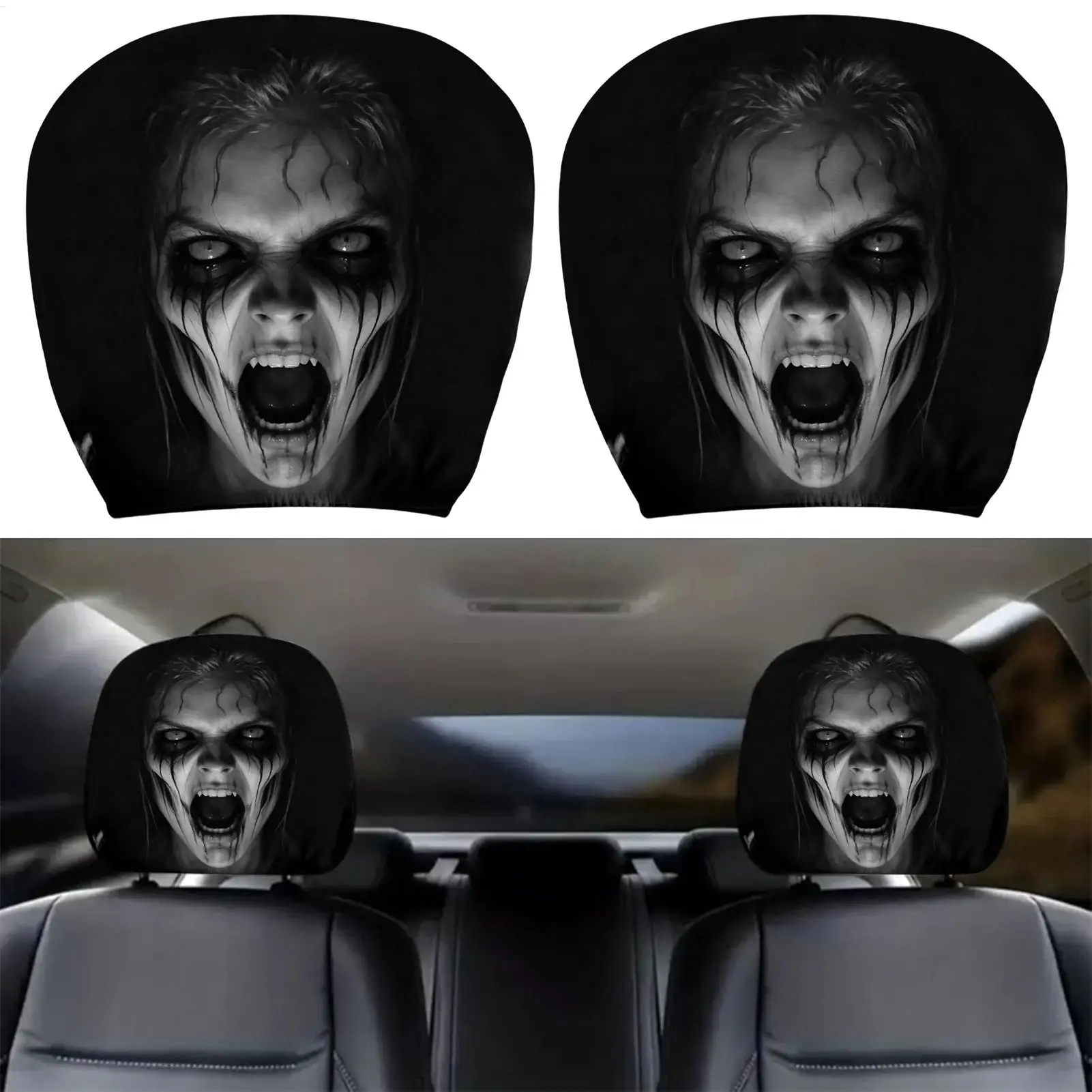 Scary Headrest Cover Ghost Face Universal Stretchy Case Horror Print Seat Headrest Protector for SUVs Trucks Halloween Trip