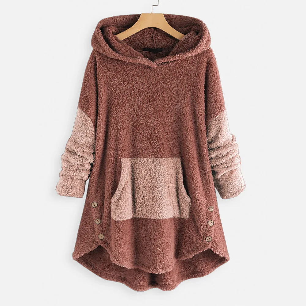 2022 Winter mäntel Kapuze Fleece flauschigen Knopf warm gepolsterte Jacke Frauen lässige Tasche einreihige feste Hoodie