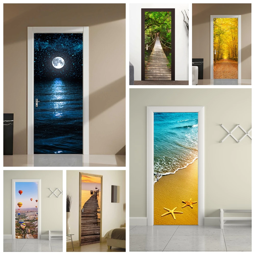 Nature Landscape Door Sticker Green Beach Night Moon View Vinyl Decal Removable 3D Door Decoration Adesivos Wallpaper