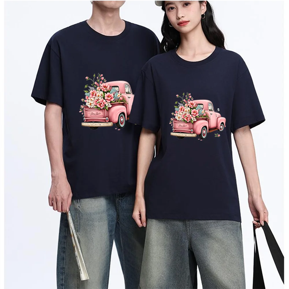 Pink Vintage Truck With Flowers Printed T Shirt Breathable Fabric S-XXL Personalized Custom Casual Short Sleeve Tee Aesthetic Gr