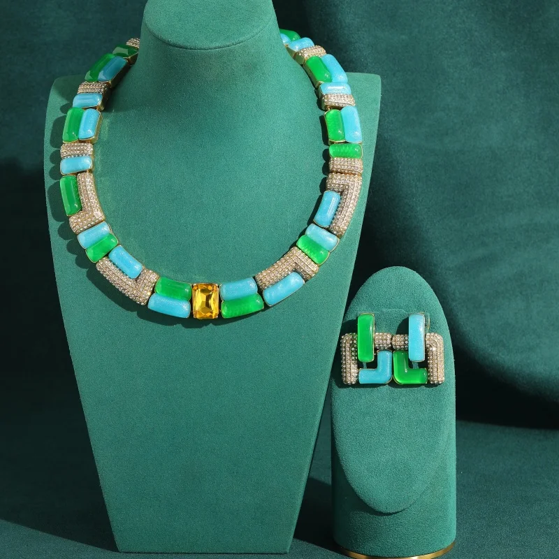 Vintage Blue Green Glass Geometric Square Yellow Crystal Jewelry Sets Luxury High Quality Necklace Earring Trending 2026 New