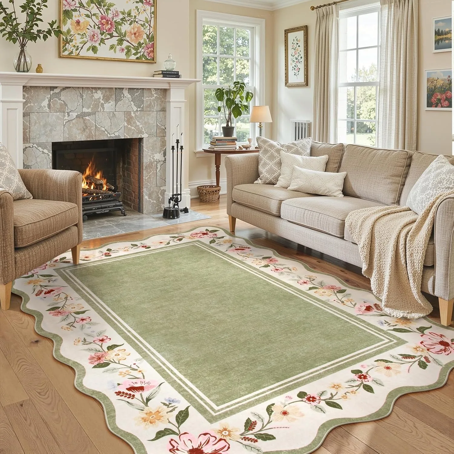 Living Room Carpet Non-slip Machine Washable Floor Mat Scalloped Bohemian Floral Rug Bedroom Carpets Large Area Home Decor Rugs