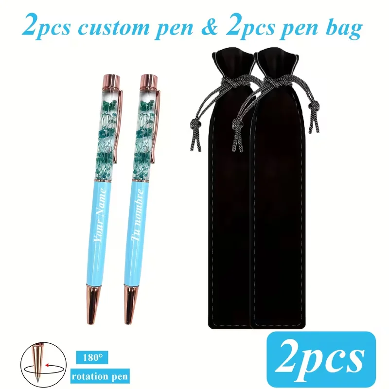2Pcs Personalized Custom Logo Laser-Engraved Name and Date Dried Flower Ballpoint Pen and Pen Case Set, 2 Dried Flower Ballpoint Pens with 2 Exquisite Pen Cases - Drawstring Design for Neat Storage Dry Flower Metal Ballpoint Pen - Metal Rotating Tip, Black Ink, Suitable for Students over 14 Years Old and Business Office Use. Suitable for Gift Giving, Advertising, Weddings, Etc.