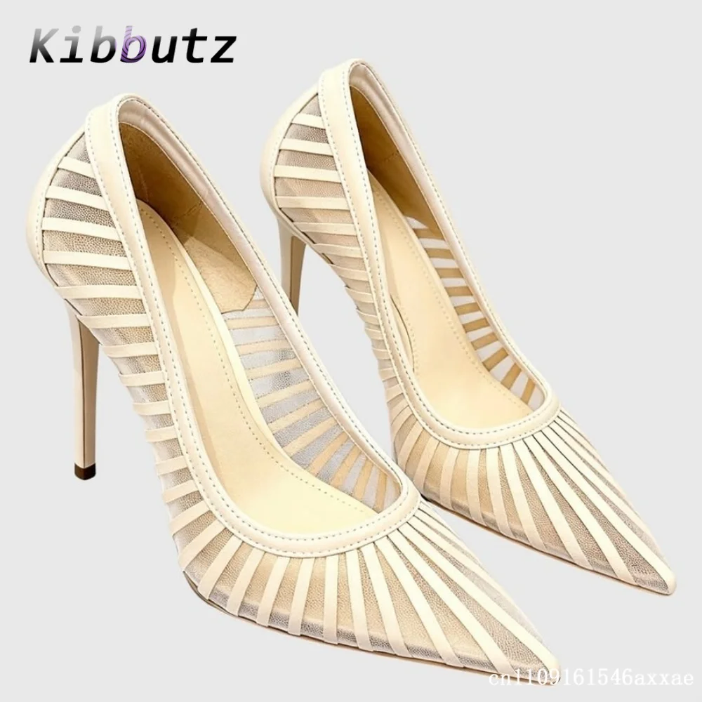 Mesh Pointed Toe Vertical Striped Cutout Pumps Ladies New Arrival Summer Breathable Outdoor Dating Fashion Formal Dress Shoes