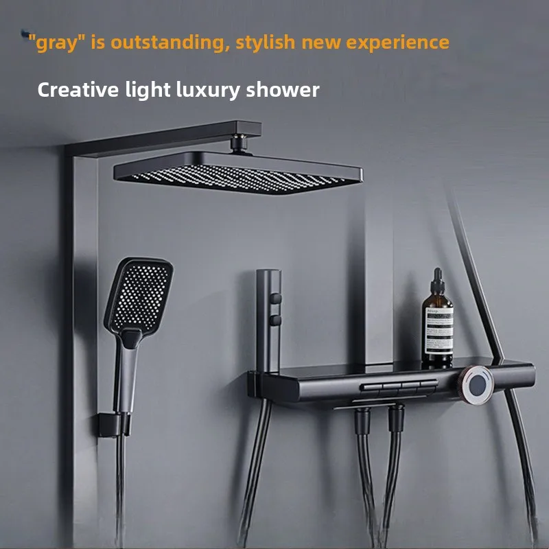 Full Copper Thermostatic Digital Display Shower Set, Milk White & Gun Gray Optional, Multi‑Gear Pressurized Top Spray