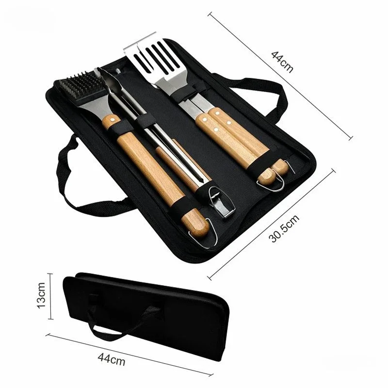 Beech Handle Grill Fork Shovel Clamp Brush Combo Outdoor Barbecue Set Stainless Steel Tools