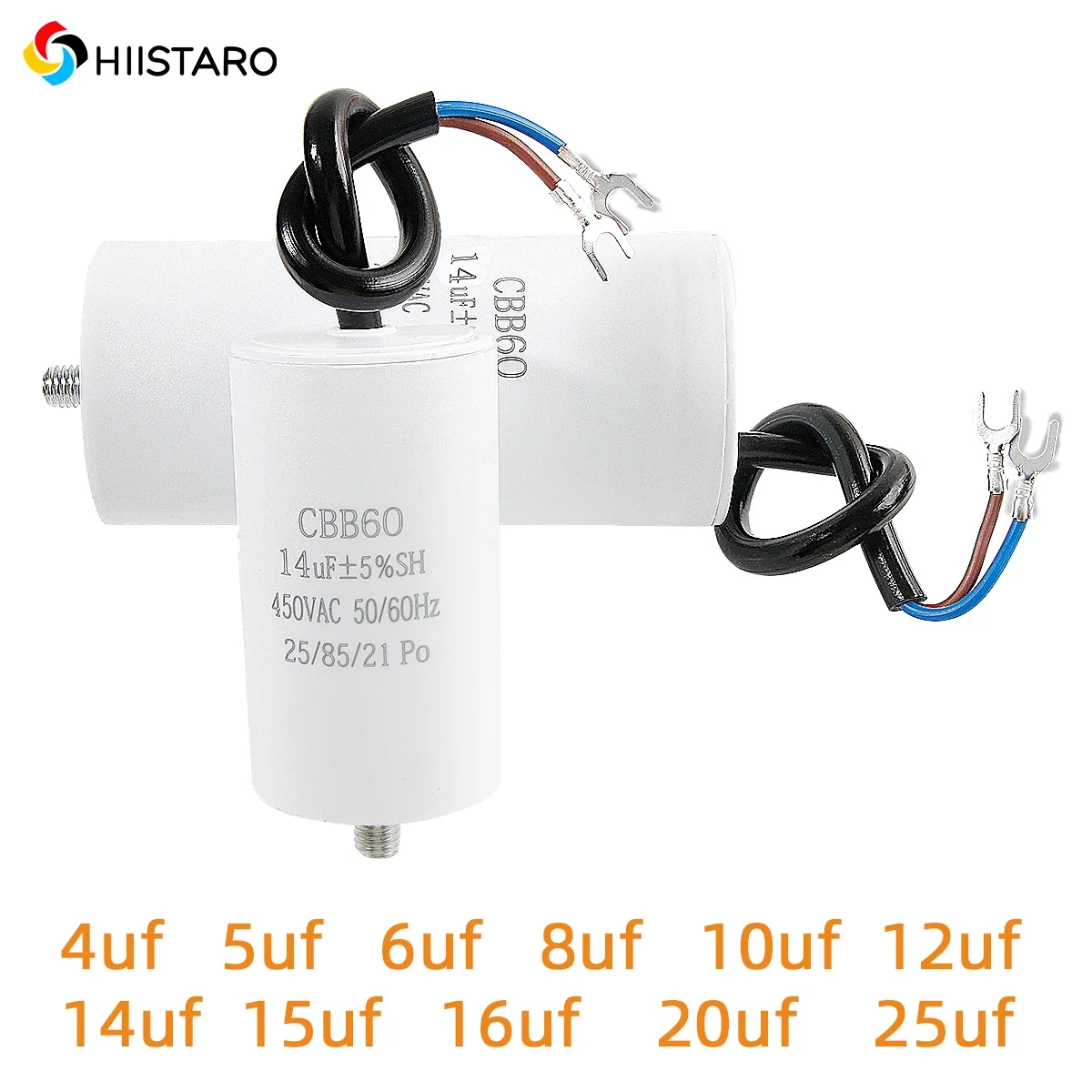 1Pcs CBB60 Motor Run Capacitor 450VAC Lead Wire with Mounting Screw 4~25uF for Water Pump Washing Machine Fan Compressor