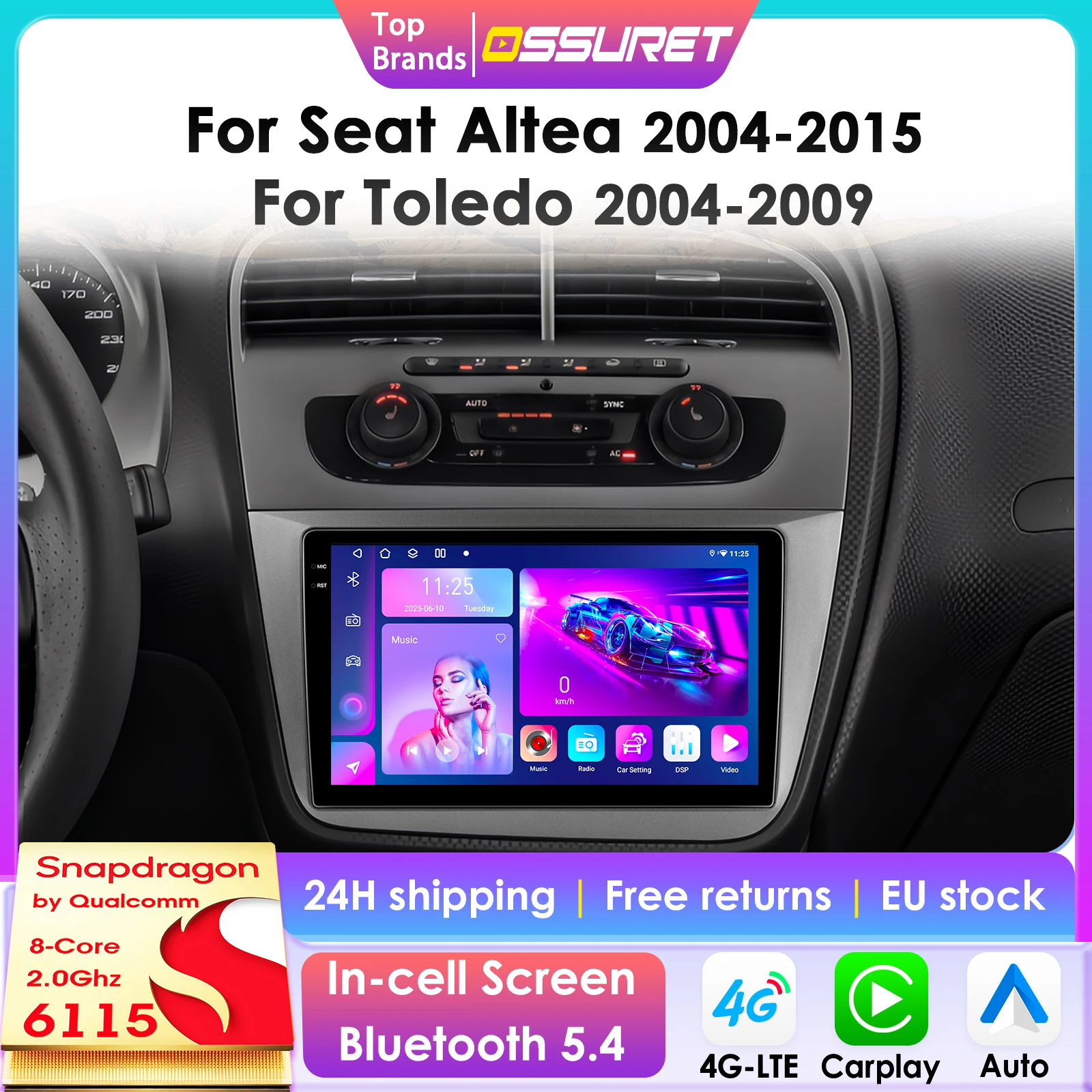 9'' 360-Grad-Kamera Android 14 Autoradio für Seat Altea 2004-2015 für Toledo 2004-2009 Auto-Multimedia-Player CarPlay Android Auto 6115