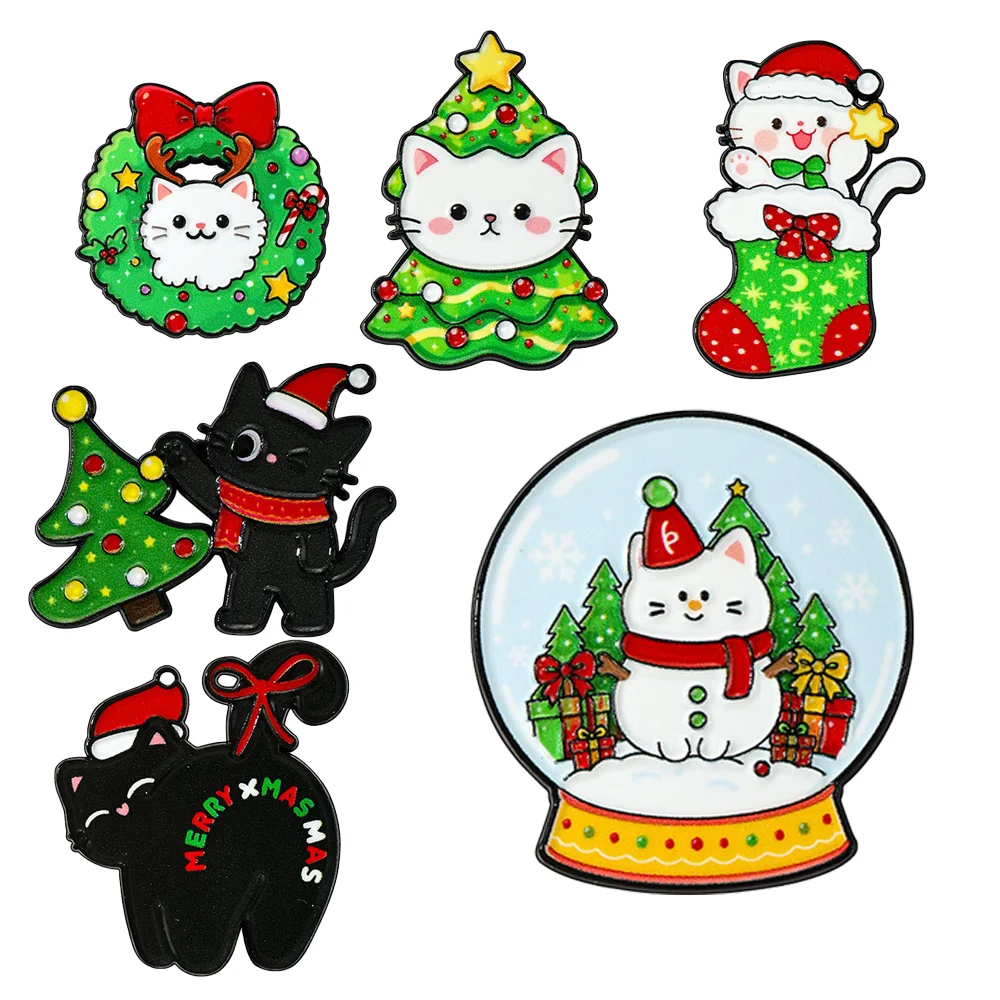 5 pcs Cute Christmas Cat Enamel Pins Cartoon Xmas Tree Wreath Snow Globe Brooch Lapel Badge for Backpack Clothes Festival Gift