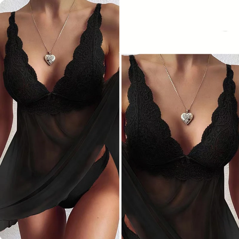 Summer Women Sexy Lace Babydoll Nightdress Spaghetti Strap Deep V Mesh Sleepwear Side Split Nightwear Lingerie