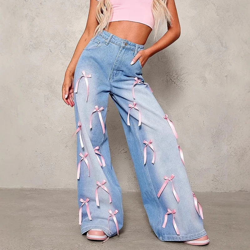 Spring Autumn Bow Y2k Jeans Women Wide Leg Long Pants High Waist Straight Trousers Streetwear Elegant Casual Loose Party Club