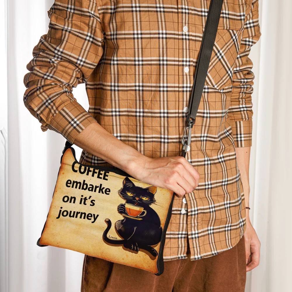 Cat Coffee Journey Crossbody Bag Black Cat Holding Coffee Cup With Text Coffee Embarks On Its Journey Shoulder Bags Pouch For Wo