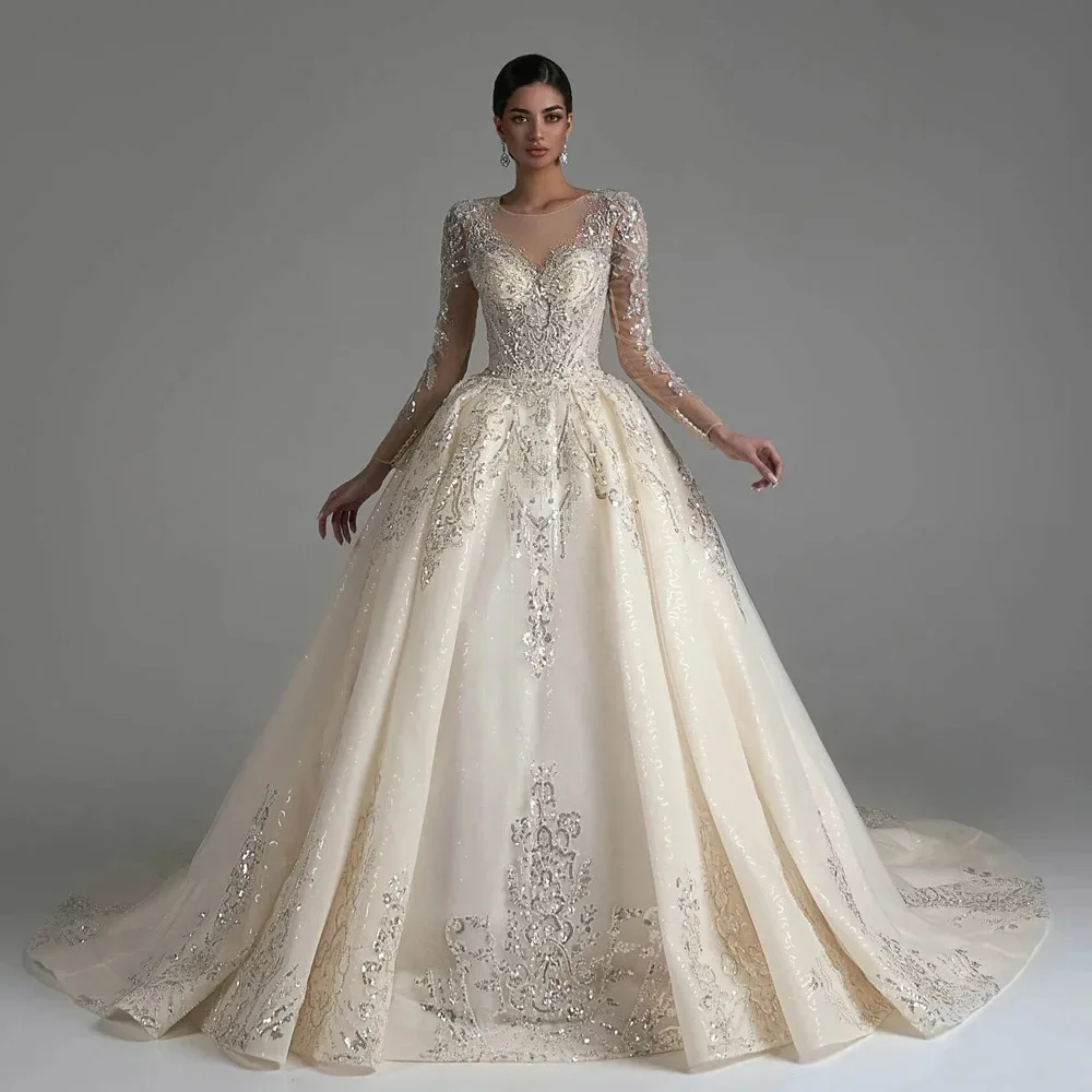 Luxurious Ball Gown Wedding Dresses 2024 O-Neck Beaded Sequined Shiny Bride Dress Tailor Made High Quality Wediing Dress