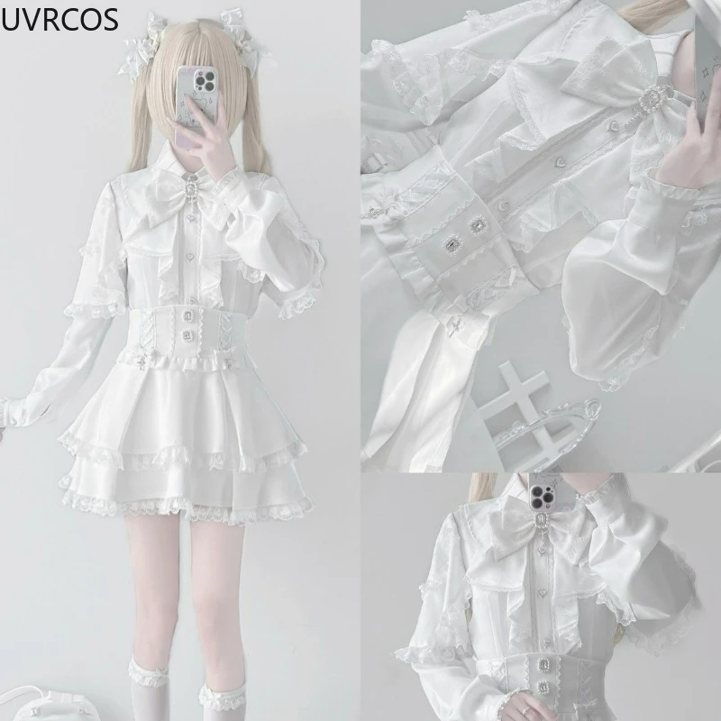 اليابانية Y2k الجمالية لوليتا نمط القوس تنورة مجموعة المرأة القوطية الدانتيل شال قميص كشكش التنانير الصغيرة ثوب Faldas الحلو لوليتا دعوى
