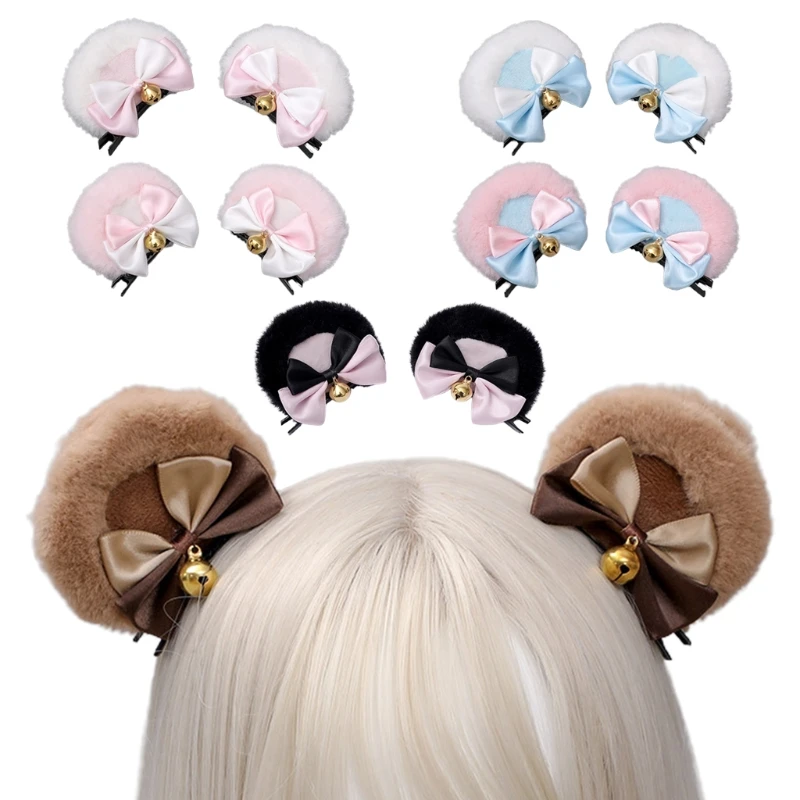 Handmade Faux Fur Round Bear Ears Hair Clip Sweet Double Bowknot Plush Animal Hairpins Anime Cosplay Hair