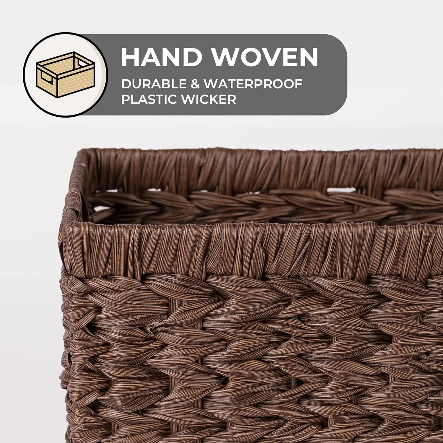 Waterproof Woven Storage Baskets, 2-Pack Brown Rectangular Organizers for Shelves and Pantry