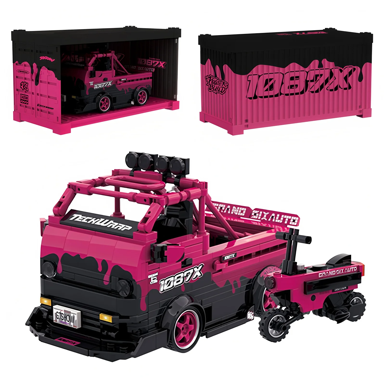 

PB8853 Rose Red Truck Model MOC Building Blocks City Speed Car Champion Racer Vehicle Toy Kid Adult Gift with Display Box
