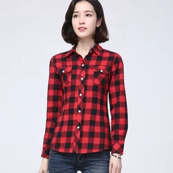 Women's Plaid Shirt 2024 New Ladies Cotton Casual Long Sleeve Shirts & Blouses Fresh Lady Red Black Checked Tops Clothes