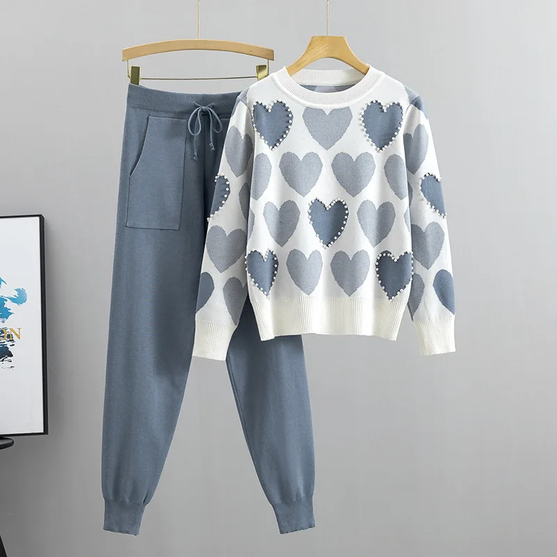 Women Sweater 2 Piece Sets Chic Knit Embroidery Bead Heartshape Pullovers Top + Spring Harem Pants Sport Tracksuits Suit