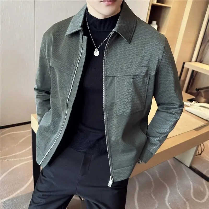 

2023 Autumn Winter High Quality Lapel Leather Jacket Fashion Men Anti-wind Punk Motorcycle Biker Zipper Jackets PU Slim Coats