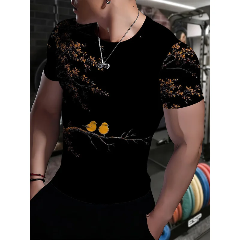 Men's round-neck fitness T-shirt with floral and bird art printTHigh-elasticity slim-fit athletic apparel