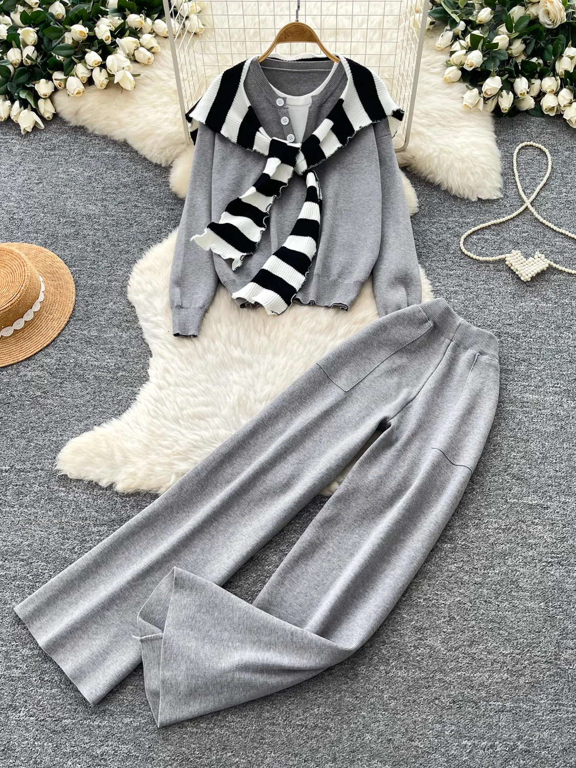 Women's Commute Style Knitted Top And Shawl Set High Waist Wide Leg Pants Three Piece Suite Autumn Design Sense Sash Cardigan