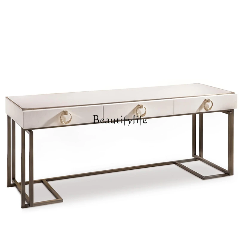 Mesa de couro luxuosa leve, armário de entrada para casa, villa, escritório em aço inoxidável, console minimalista