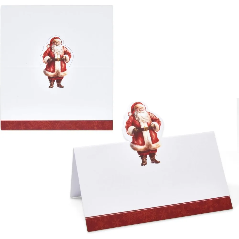 Boutique de regalo: paquete de 100 tarjetas de lugar navideñas, tarjeta de nombre para asientos navideños, troquelada, mesa de Papá Noel de Navidad, papel plegado, diez