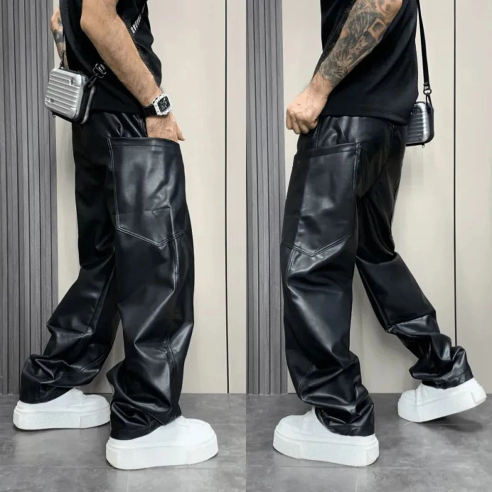 Mens Pu Leather Pants Multi-Pocket Pu Pants Streetwear American Hip-Hop All-Match Solid Color Simple Casual Pants Men'S Clothing