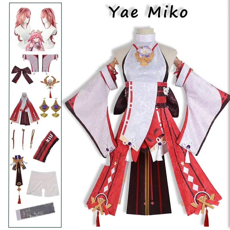 Yae Miko 코스프레 임팩트 Yae Miko Guuji Yae 코스튬 여성 핑크 긴 머리 가발, 원피스 파티 의상, 할로윈 파티 의상