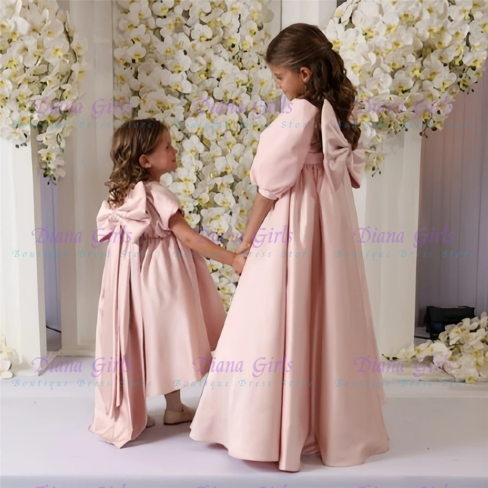 

Элегантное платье с цветочным узором для девочек на заказ, качественное розовое атласное пышное платье с большим бантом для детей, вечерние бальные платья на свадьбу, день рождения