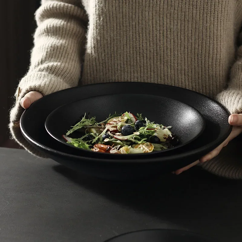 LingAo-Plato de sopa profunda, cerámica japonesa, tazón  sopa de fideos, vajilla  hotel, negro, 12