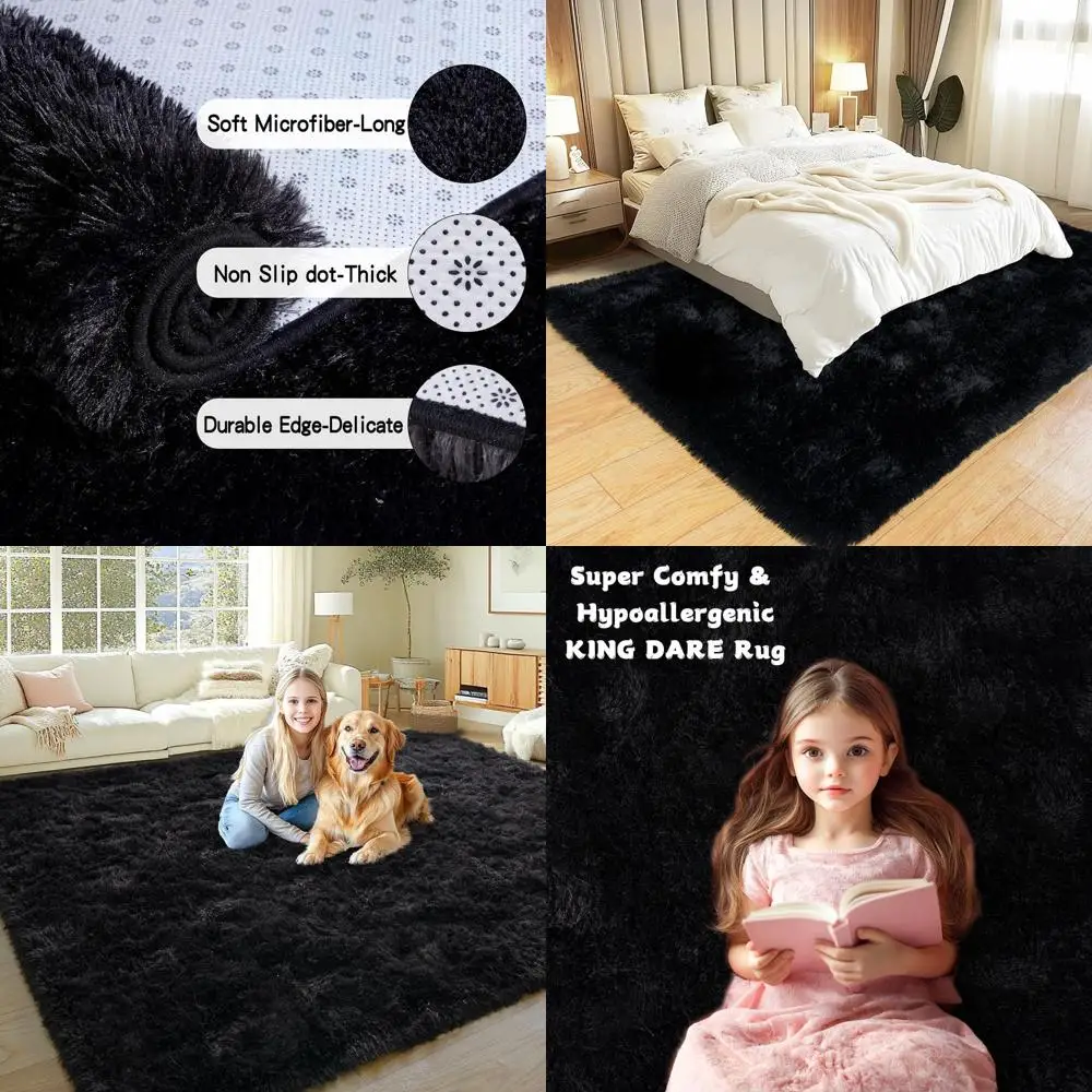 

Luxurious Soft Shaggy Black 8x10 Rug, Plush and Furry, Anti-Slip, Washable for Living Room & Bedroom, Modern Floor Carpet for St