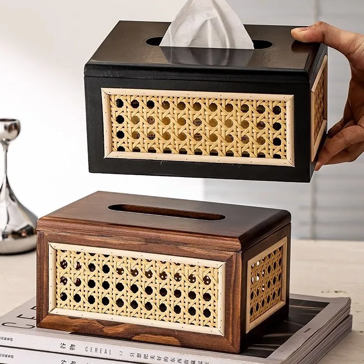 Japanese Retro Wood Rattan Tissue Box Cover Hollow Woven Decorative Napkin Holder for Coffee Table Living‑room