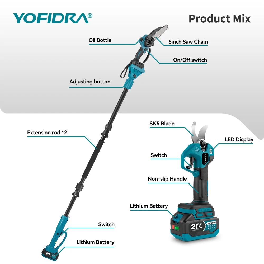 YOFIDRA Brushless Telescoping Pole Electric Chainsaw High Scalable 30MM Pruner Shear Scissors Tool For Makita 21V Battery Pin